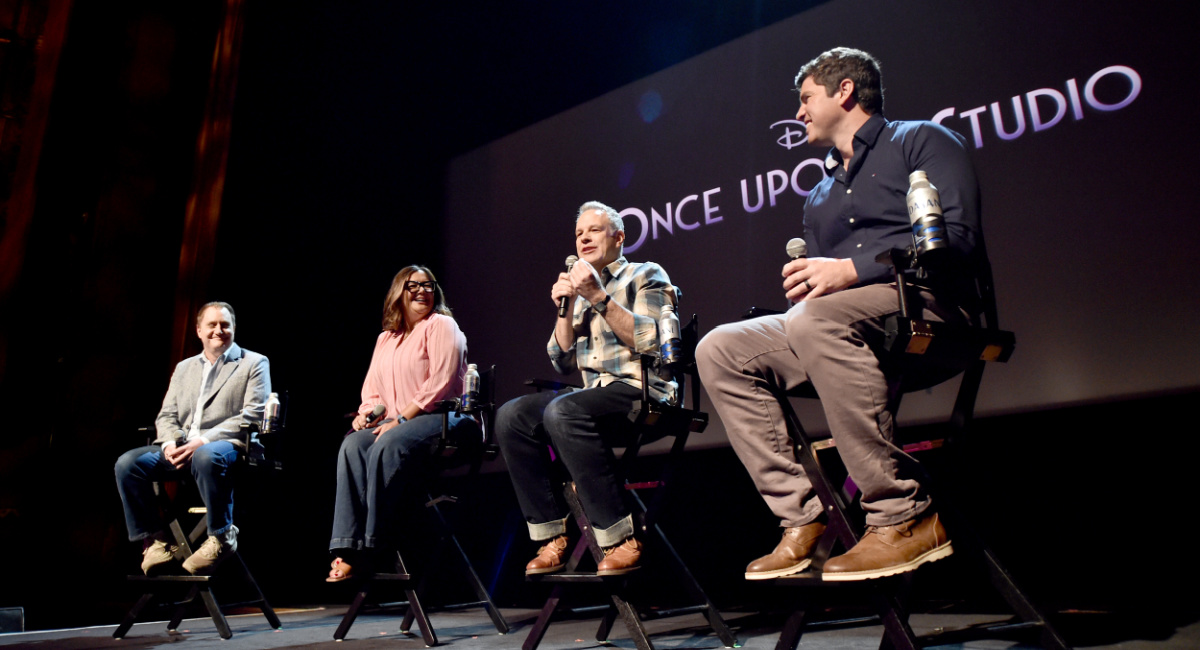 Brad Simonsen, Yvett Merino, Dan Abraham and Trent Correy speak onstage for 'Once Upon A Studio' at the Long Lead Press Day; In-Person Presentation for 'Wish' at El Capitan Theatre in Los Angeles, California on September 21, 2023.