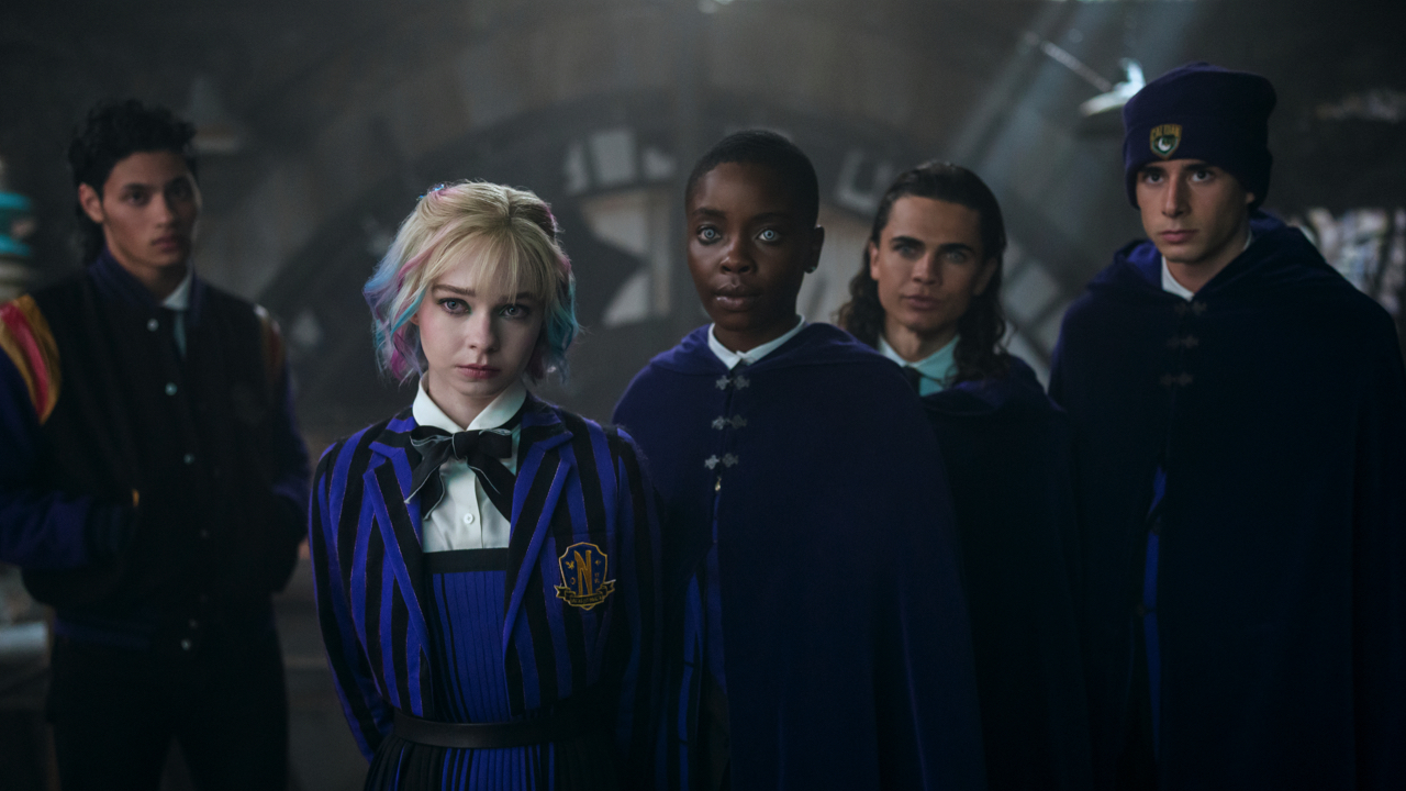 (L to R) Noah B. Taylor as Bruno, Emma Myers as Enid, Joy Sunday as Bianca, Oliver Watson as Kent, Georgie Farmer as Ajax in episode 205 of 'Wednesday'. Photo: Bernard Walsh/Netflix © 2025.