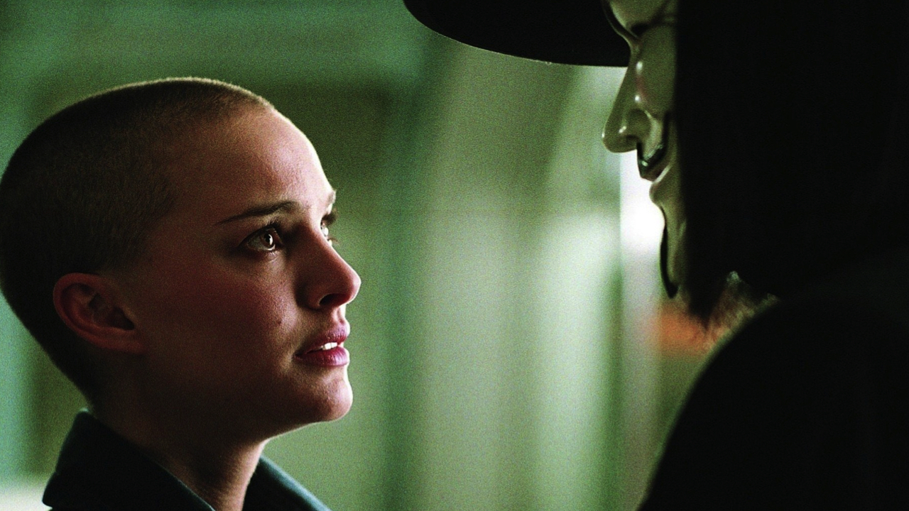 (L to R): Natalie Portman and Hugo Weaving in Warner Bros. 'V for Vendetta' (2006).