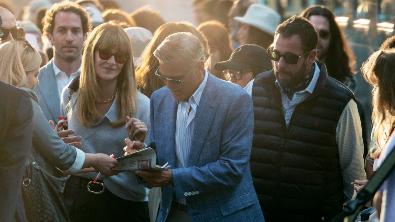 (Featured L to R) Laura Dern as Liz, George Clooney as Jay Kelly and Adam Sandler as Ron Sukenick in 'Jay Kelly'. Cr. Peter Mountain/Netflix © 2025.